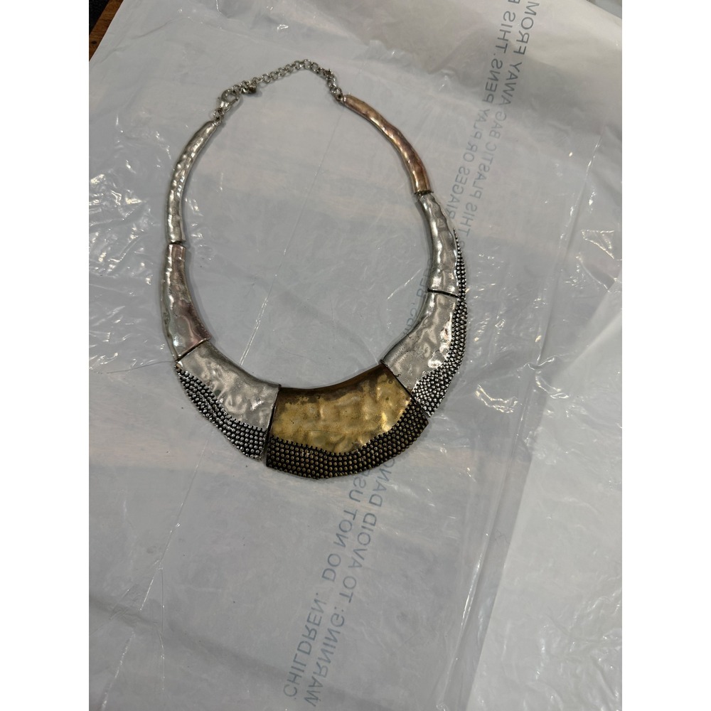 Mixed Metal Hammered Bib Necklace Silver Gold Copper Tone Textured Statement